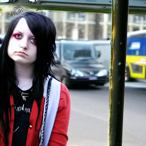 Prompt: An emo girl at a british bus stop in 2006