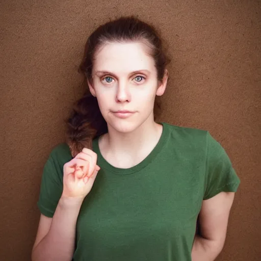 Image similar to portrait of an 20-something Canadian dressed in, light brown hair, green eyes, vintage tshirt and jeans, pony tail, girl next door innocent look, elegant pose, masterpiece