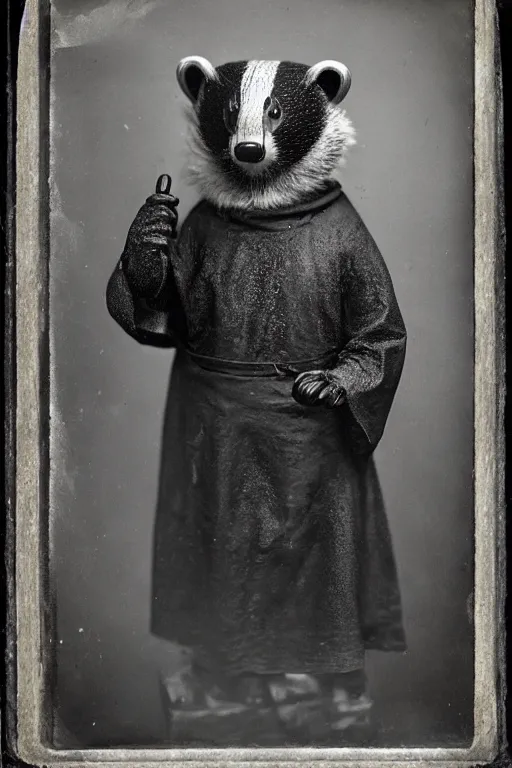 Image similar to a wet plate photo of an anthropomorphic badger as a friar