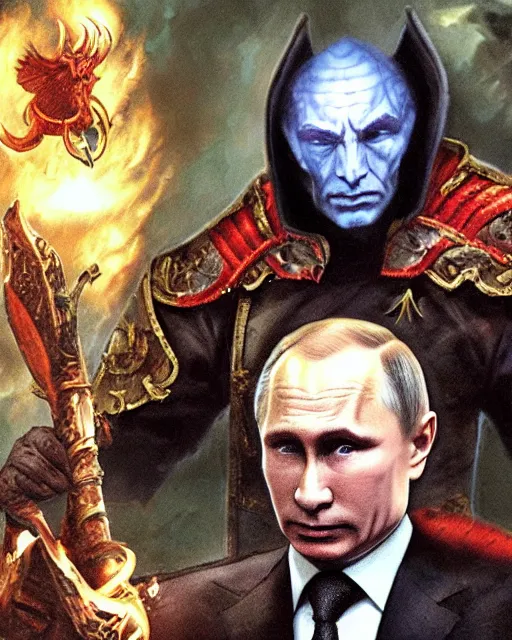 Image similar to Vladimir Putin, dressed as an evil Dungeon and Dragons wizard, on a Magic the Gathering card, high resolution photo,