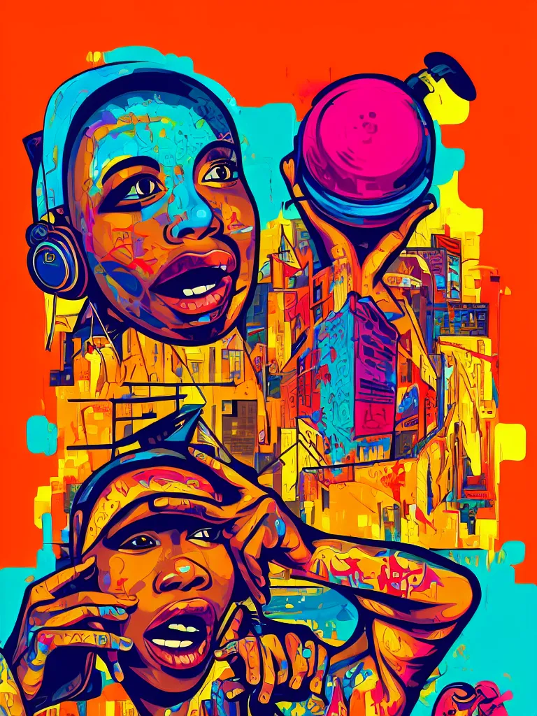 Prompt: surreal hiphop graffiti, vibrant warm colors, depth, anamorphic illustration, highly detailed, simple, no jagged lines, smooth, artstation, artwork by obey and miss van