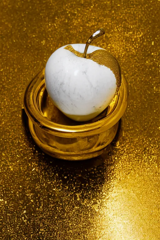 Image similar to Photo of a white marble apple partially covered in dripping gold paint, studio lighting, high resolution, award winning.