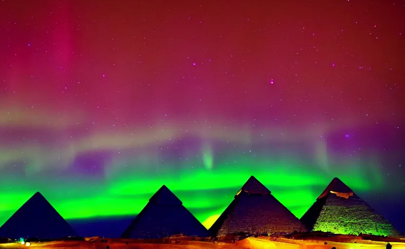 Prompt: The great pyramids with green aurora lights in the sky absolutely stunning