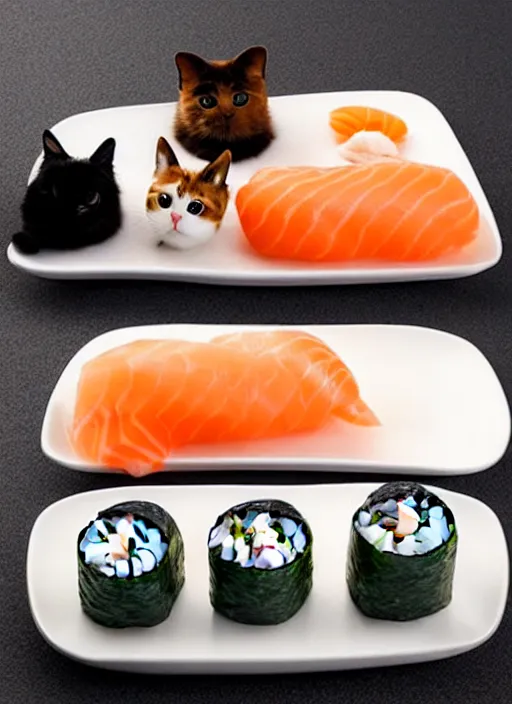 Image similar to clear photorealistic picture of adorable cats made out of sushi