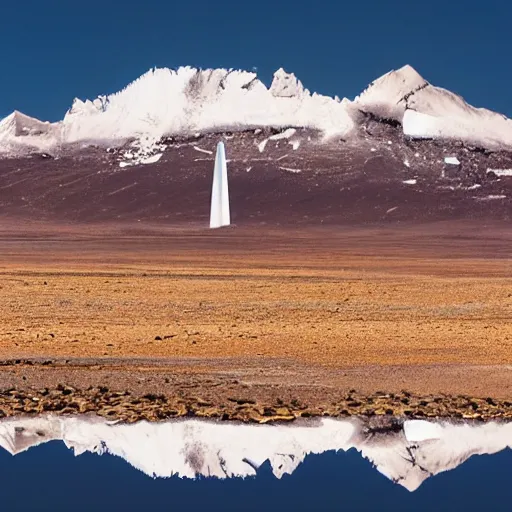 Image similar to a artic desert with snow capped mountains and a floating obelisk. overcast sky, grainy, snowing.