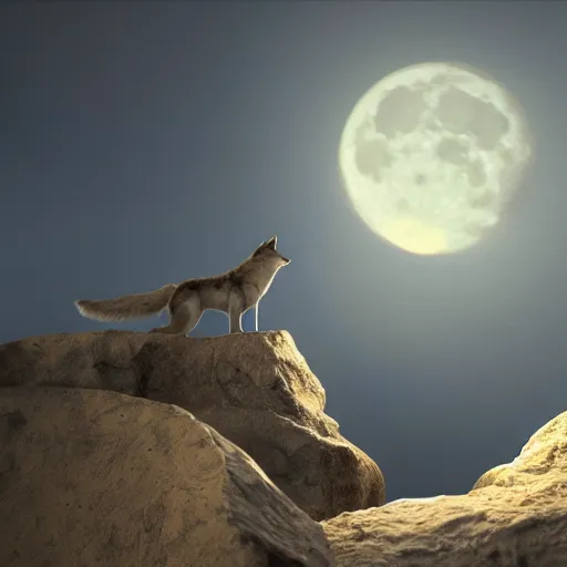 Image similar to a wolf a howling on a cliff, full moon made of cheese is in the background, photorealistic, concept art, volumetric lighting, raytracing