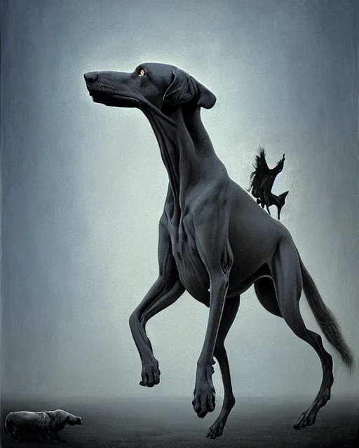 Image similar to painting of hybrid between black weimaraner & horse! & intercrossed animal, by zdzislaw beksinski, by mattias adolfsson, by tiffany bozic, cold hue's, warm tone gradient background, concept art, single object scene, beautiful composition, digital painting