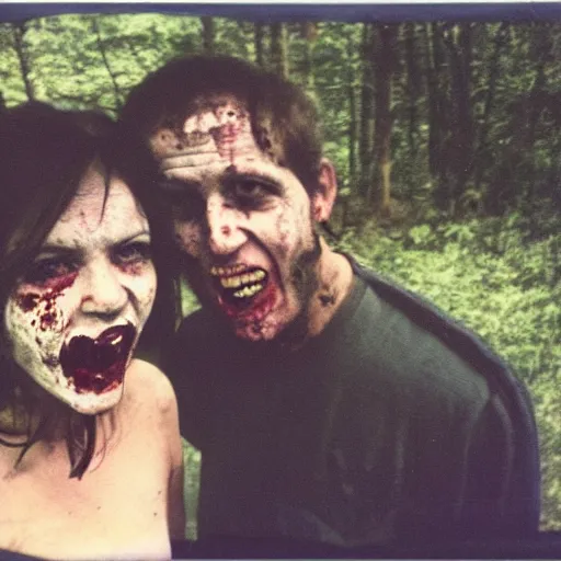 Prompt: polaroid of a happy couple looking into the camera during a zombie apocalypse