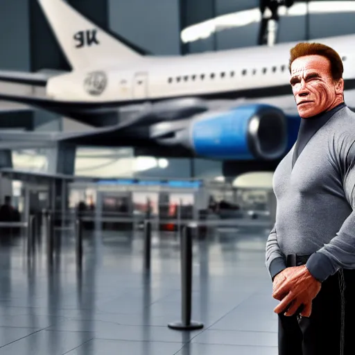 Image similar to arnold schwarzenegger working at the airport, 4 k, hyper realistic, dslr, high resolution, landscape, beautiful