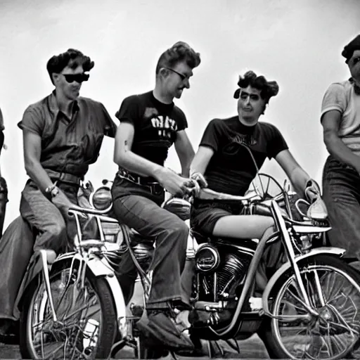 Prompt: a gang of 50s bikers