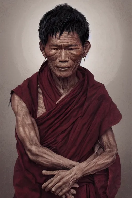 Image similar to Tibetan monk, portrait, poor, intricate, elegant, volumetric lighting, scenery, digital painting, highly detailed, artstation, sharp focus, illustration, concept art,ruan jia, steve mccurry