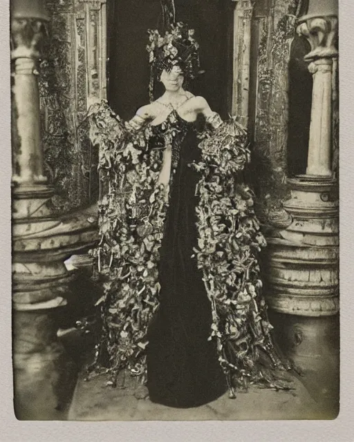 Prompt: a beautiful detailed front view portrait of a dead rotten princess with cyberpunk ornate growing around, ornamentation, elegant, beautifully soft and dramatic lit, 1 9 1 0 polaroid photo