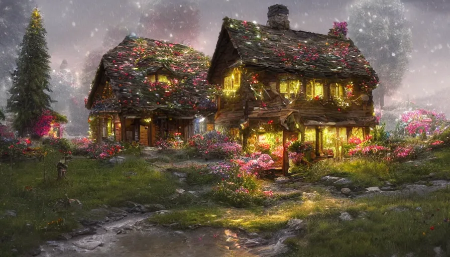 Prompt: Realistic image of a small house covered by flowers with Christmas light built near of a lake in green mountains, hyperdetailed, artstation, cgsociety, 8k