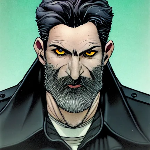 Image similar to portrait of a greying pale vampire police officer with short hair and a patchy beard, close up, grimy streets backdrop, highly detailed, sharp focus, perfect eyes, art by russell dauterman and patrick gleason