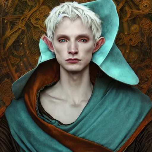 Image similar to a close - up portrait of an androgynous handsome male snow elf in a turquoise cape and silver armour, albino skin, winter vibes, elegant, very coherent symmetrical artwork, by tomasz alen kopera and alphonse mucha and charlie bowater, photorealistic, sharp focus, octane render, rtx, hdr, unreal 5, trending on artstation