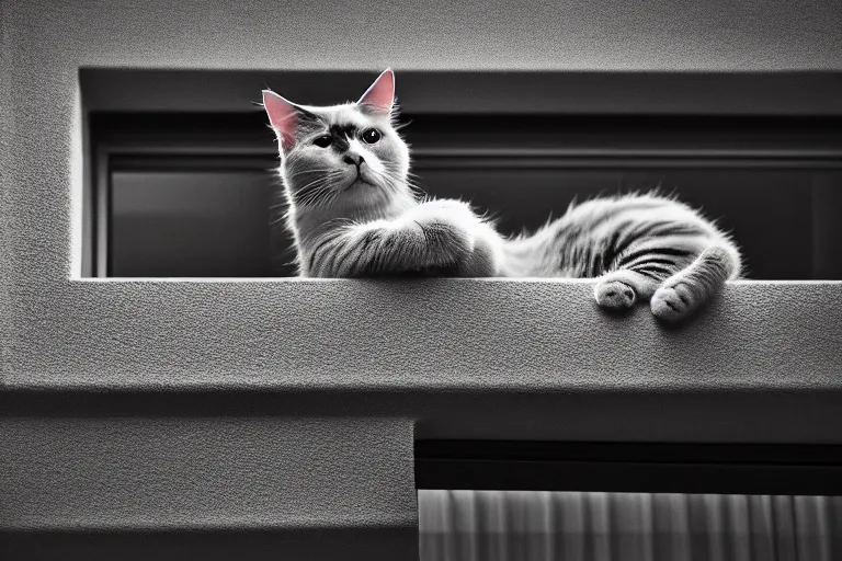 Image similar to vfx film closeup, cat on a window ledge, flat color profile low - key lighting award winning photography arri alexa cinematography, hyper real photorealistic cinematic, atmospheric cool colorgrade