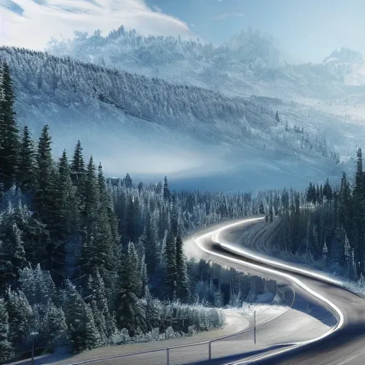 Image similar to an expansive view of a futuristic containment building with a road leading up to it in a forested valley and snow - capped mountains in the distance, national geographic, hyper realistic, 4 k, dusty light