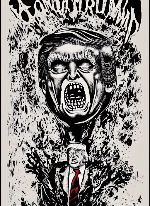 Image similar to donald trump's disgusting true form on a 1 9 9 0 s horror movie poster, inking, vintage 9 0 s print, detailed, scary, horror, screen print, trending on artstation