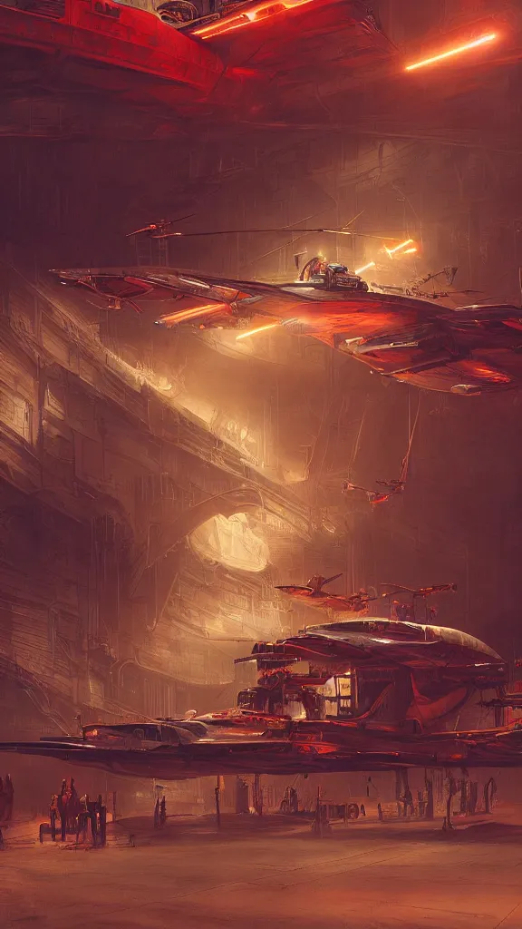 Image similar to concept art, retro - futurist steampunk pilot, airship hangar, imperious, octane render, artstation, dramatic neon lighting, glowing imperial motifs, eerie, mysterious, red turquoise accents, bladerunner, by gerald brom, james jean, syd mead, akihiko yoshida, cinematic