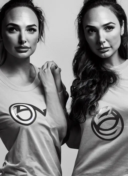 Image similar to portrait of lindsey pelas and gal gadot wearing t shirt in jakarta, by charlotte grimm, natural light, detailed face, beautiful features, symmetrical, canon eos c 3 0 0, ƒ 1. 8, 3 5 mm, 8 k, medium - format print, half body shot