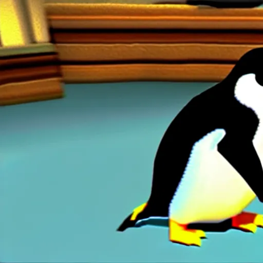 Image similar to danny devito punching a penguin, nintendo 6 4 screenshot, low poly, aliased