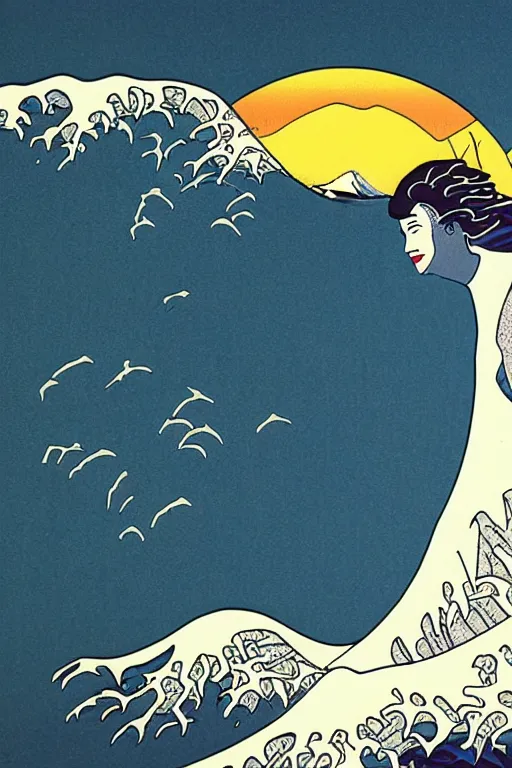 Image similar to Patrick Nagel Poster Illustration of The Great Wave off Kanagawa, sunset in the background