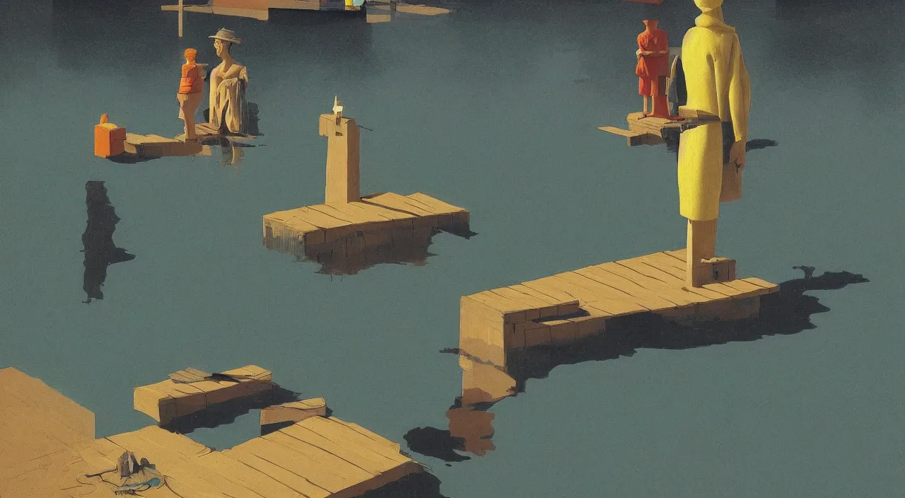 Image similar to single flooded! simple wooden water statue, very coherent and colorful high contrast!! masterpiece by rene magritte simon stalenhag carl spitzweg syd mead norman rockwell edward hopper james gilleard, minimalist, dark shadows, sunny day, hard lighting
