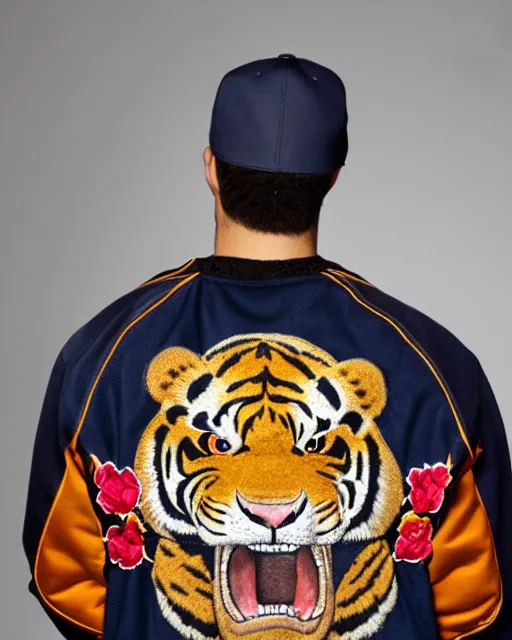 Image similar to photo back of a man wearing baseball jacket with a big japanese tiger and flowers embrodery, dark hangar background, centered, studio lighting, 1 5 0 mm