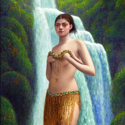 Image similar to a ultradetailed beautiful painting of lorde standing in front of the diamonds waterfall in the amazonas palace balustrade designed by jules bastien - lepage, tarsila do amaral, frank weston and gustave baumann, beach, trending on artstation, mediterranean, palm trees, sharp focus, soft light, 8 k 4 k