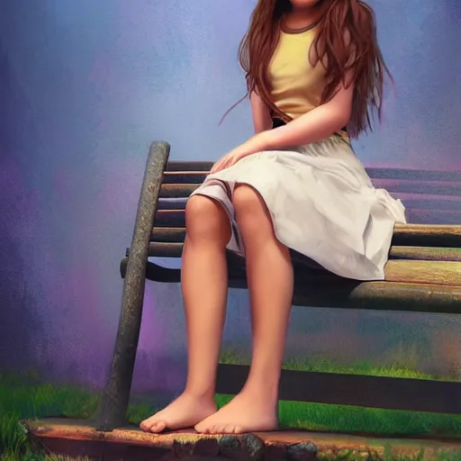 Prompt: hyperquality, photorealism of a beautiful teen girl, sitting on a bench wearing a flower skirt, very high quality face and body and hemp sandals, artgerm, artstation, extremely high quality, moody lighting, photography by deviantart, 8 k, art by magali villeneuve and steve argyle