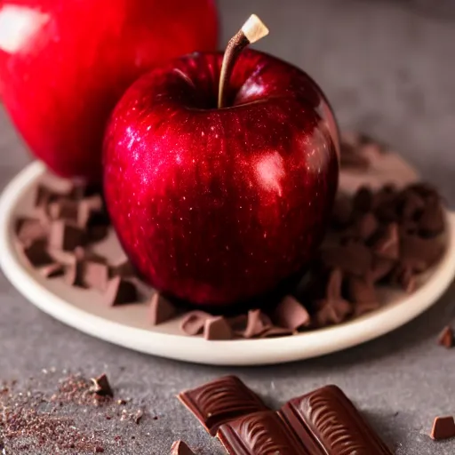 Image similar to photo of beautiful shiny red apple being covered in melted chocolate, 5 0 mm, beautiful photo