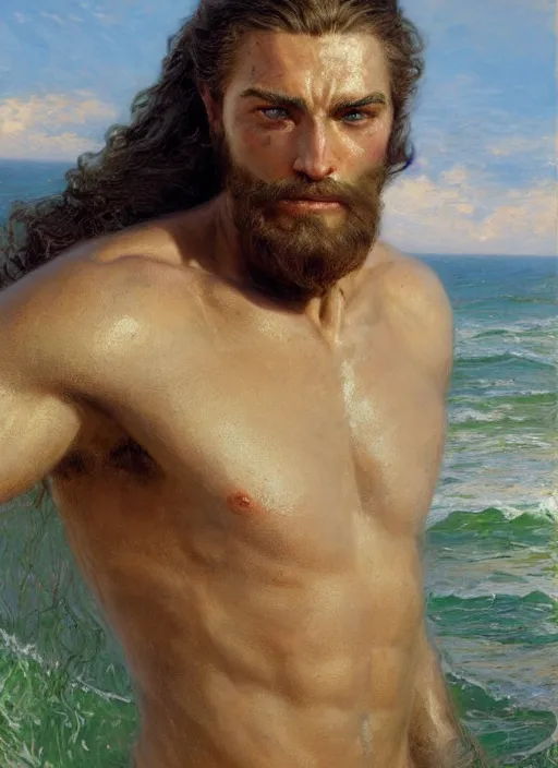 Image similar to detailed cinematic wide shot of muscular attractive young aztecc man beard slim face symmetrical face tanskin green eyes white hair wearing sea clothes, ultra realistic, spring light, painting by gaston bussiere, craig mullins, j. c. leyendecker