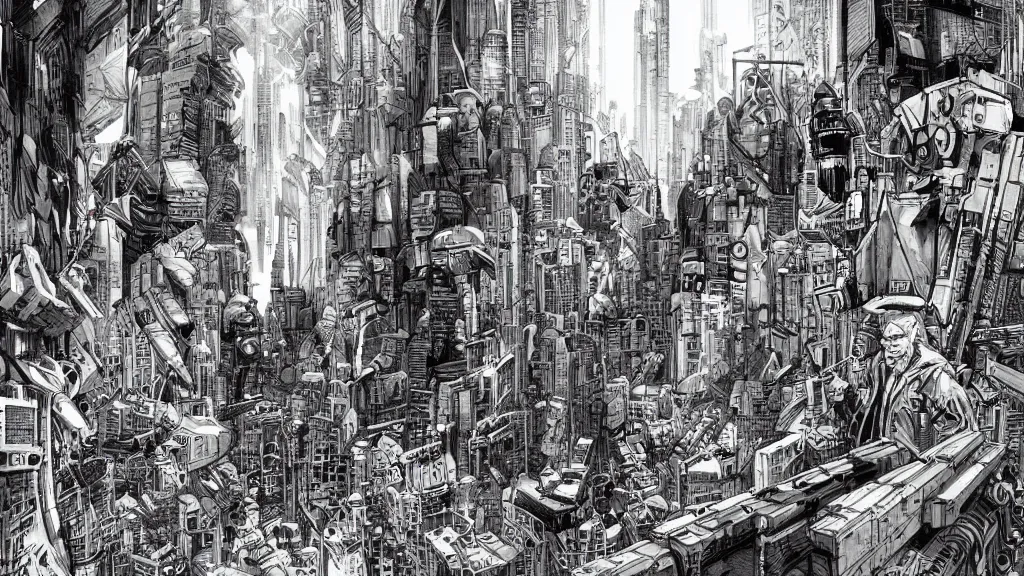 Image similar to a war in cyberpunk city, a clean line drawing, sketching, art by kim jung gi, karl kopinski,