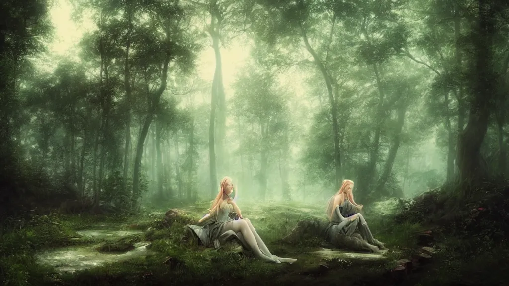 Image similar to elven princess sitting alone in the melancholy forest. andreas achenbach, artgerm, mikko lagerstedt, zack snyder, tokujin yoshioka