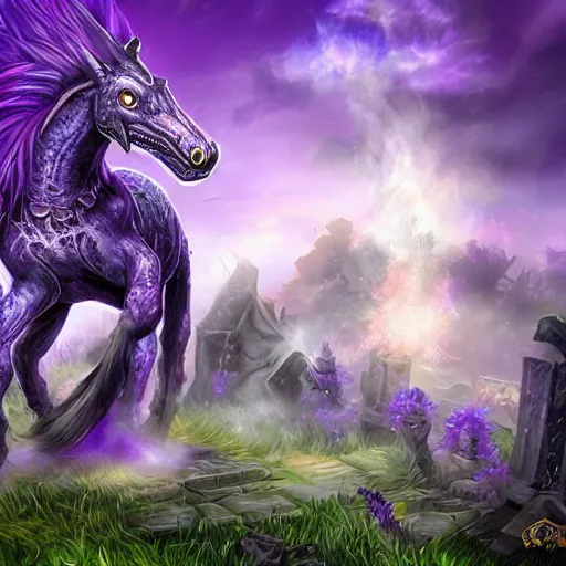 Image similar to violet fantasy crocodile horse hybrid, graveyard background, hearthstone coloring style, epic fantasy style art, fantasy epic digital art