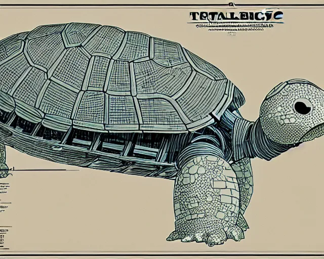 Image similar to a full page of a mechanical blueprint showing a design for a mechanized turtle from howl's moving castle ( 2 0 0 4 ), with a big head, muted colors, post grunge, studio ghibli, hq,