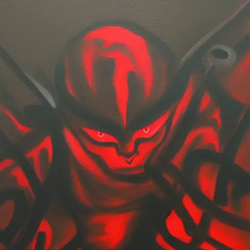 Image similar to Demon ninja warrior, Acrylic on canvas, low-key lighting, low angle, somber, sinister, doom, haunting