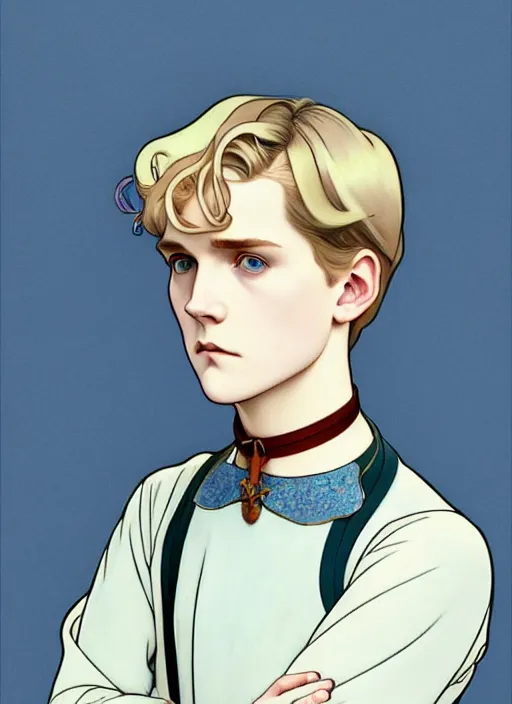 Image similar to art nouveau portrait of a pretty young man with short blond hair, light blue eyes, sad expression, scared, head down, shy and demure, wearing a choker collar, natural lighting, path traced, highly detailed, high quality, cartoon, digital painting, by don bluth and ross tran and studio ghibli and alphonse mucha