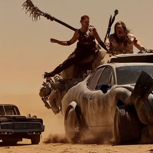 Prompt: Mad Max Fury Road, starring Catherina Keener, Dwayne Johnson, and Jack Black