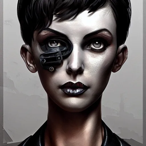 Image similar to character portrait of a retro punk woman in a pixie cut, shaved side of head, dystopian cyberpunk steampunk soviet mood, intricate, wild, highly detailed, digital painting, artstation, upper body, concept art, smooth, sharp focus, illustration, art by artgerm and greg rutkowski and alphonse mucha