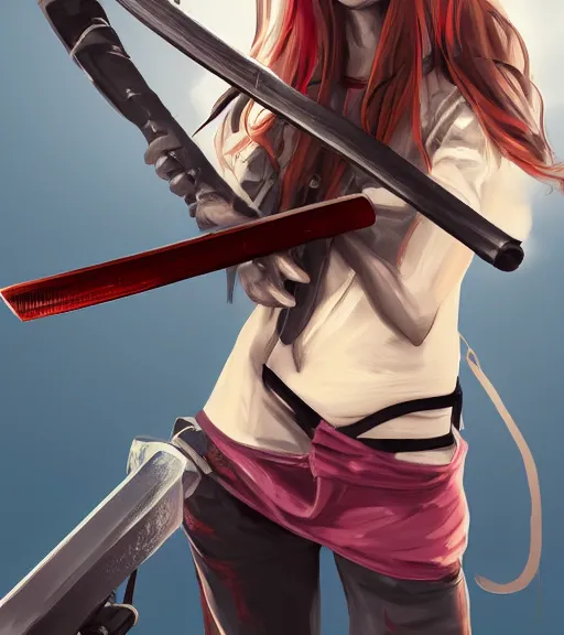 Image similar to a girl holding a katana, ponytail, highly detailed, digital painting, artstation, concept art, smooth, sharp focus, kunoichi, illustration, style of chainsaw man