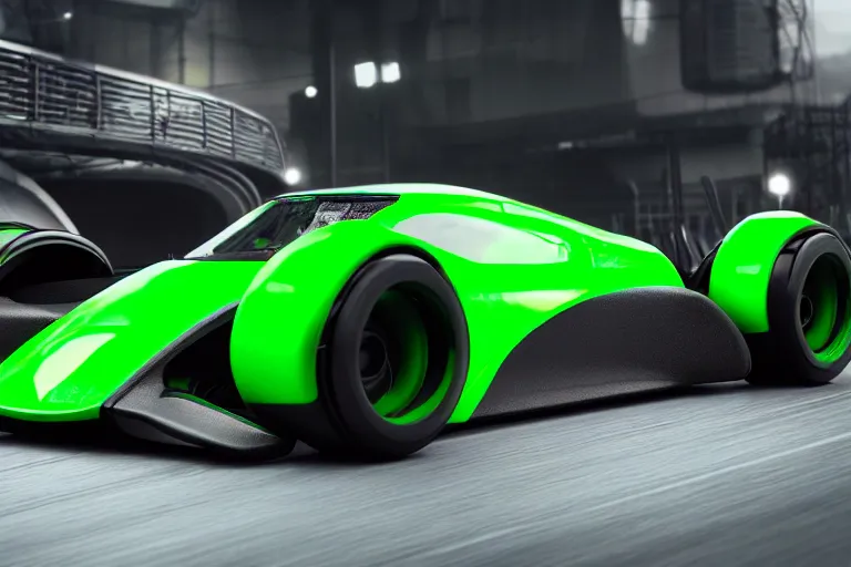 Prompt: a futuristic black and green Trackmania racing car with ZeratoR written on the side of the body, matte-black, green neon, ray-tracing, octane render, unreal engine, green cyberpunk city background