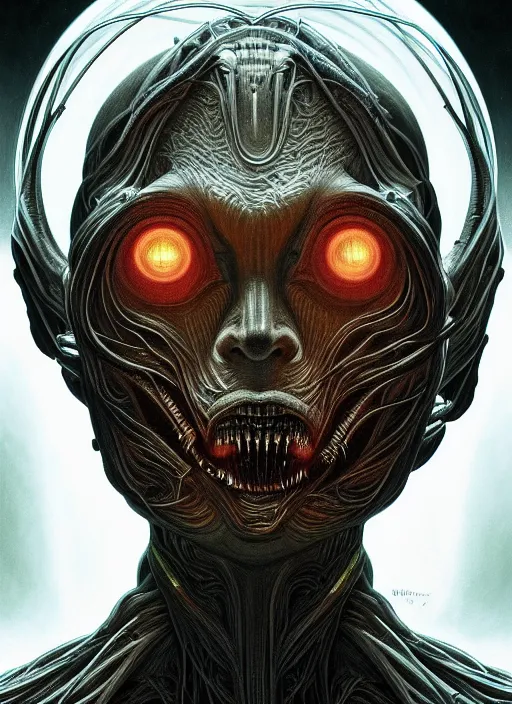 Image similar to symmetry!! portrait of grotesque alien, sci - fi horror, glowing lights!!, intricate, body horror, dark design, highly detailed, dark lighting, digital art, digital painting, artstation, smooth, sharp focus, illustration, art by artgerm and h r giger and greg rutkowski and alphonse mucha, 8 k