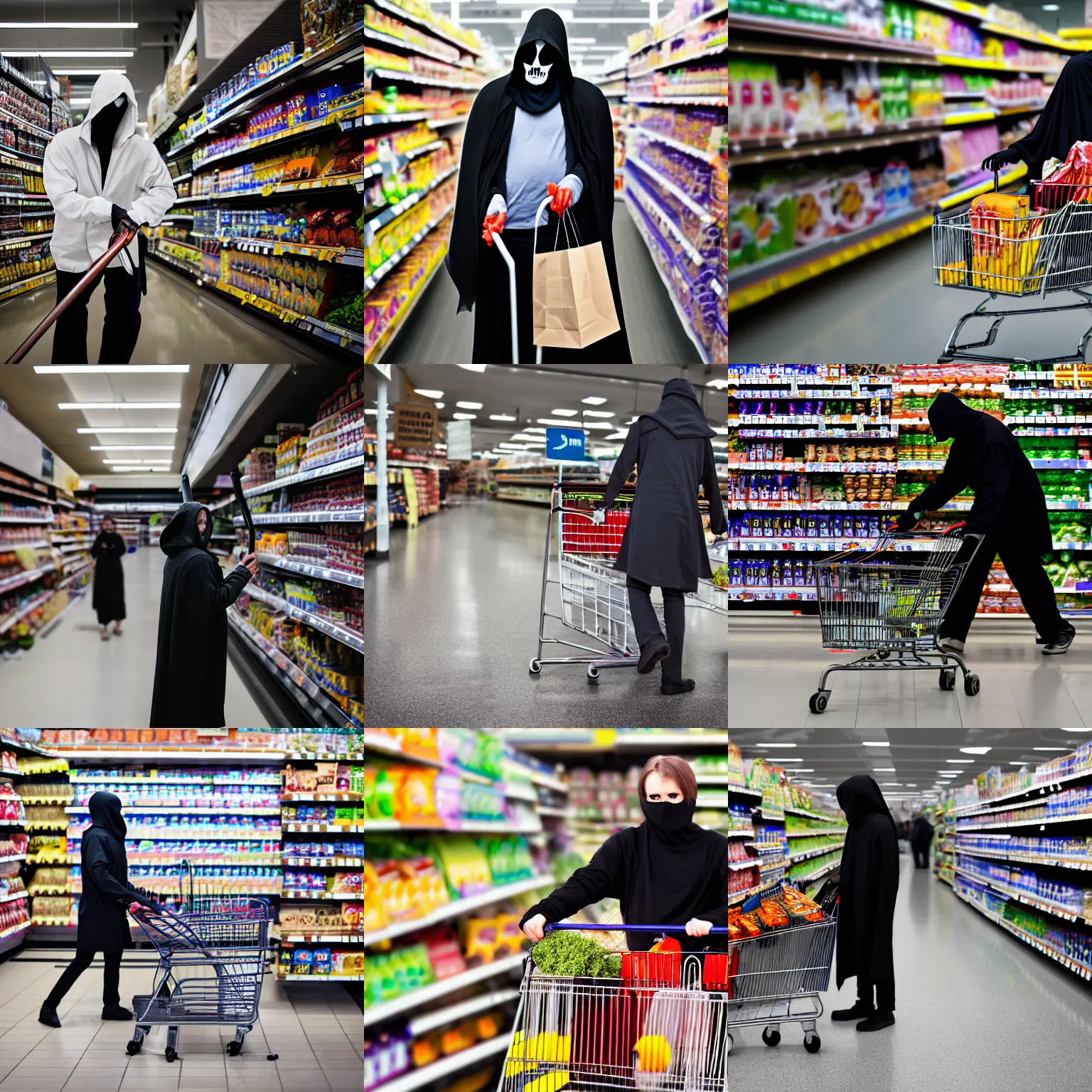 Prompt: the grim reaper with a scythe shopping at a supermarket, high quality photography, 4 k, sigma 8 5 mm