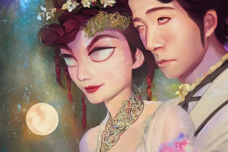 Image similar to a cinematic portrait of wedding photograph jpeg close up moment of a divine a japan sun god and moon goddess lovers magician at a wedding banquet. portraiture. digital painting. artstation. concept art. wedding photo. illustration. frozen ii art masterpiece by art by krenz cushart