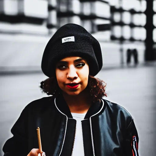 Image similar to Photograph of a mixed woman smoking, wearing a black beanie and black bomber jacket, urban environment, depth of field, 4k, 8k, hd, sigma 85mm f/1.4