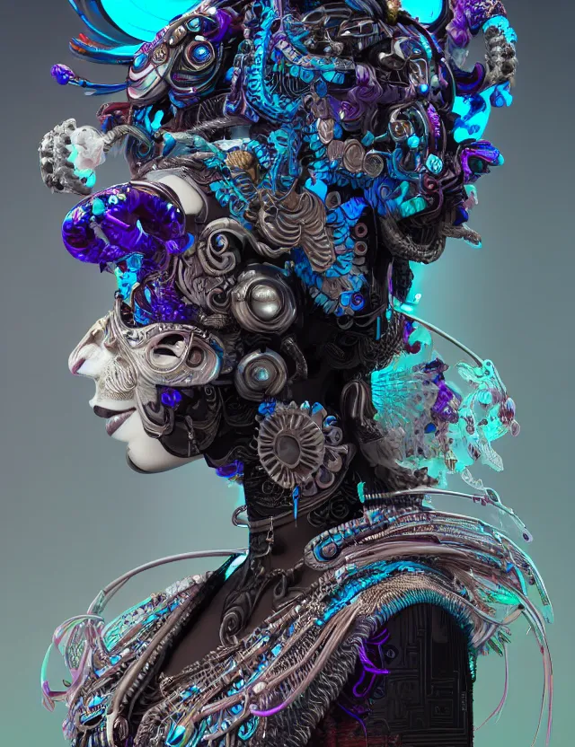 Image similar to 3 d goddess close - up profile portrait cyberpunk with ram skull. beautiful intricately detailed japanese crow kitsune mask and clasical japanese kimono. betta fish, jellyfish phoenix, bio luminescent, plasma, ice, water, wind, creature, artwork by tooth wu and wlop and beeple and greg rutkowski