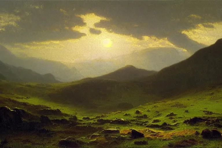 Prompt: a beautiful oil painting of a Scottish Highland landscape, evening light, by Albert Bierstadt