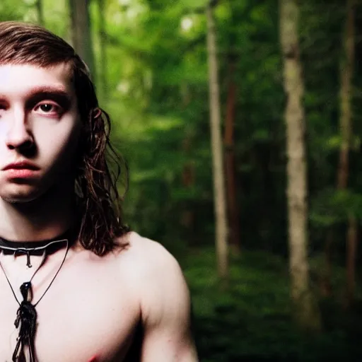 Image similar to a teenage boy, around 1 9 yo. choker necklace. natural brown hair. loincloth, pale skin. detailed face. scar on chest. ominous and eerie looking forest in background. natural colors. hyperrealistic photo.