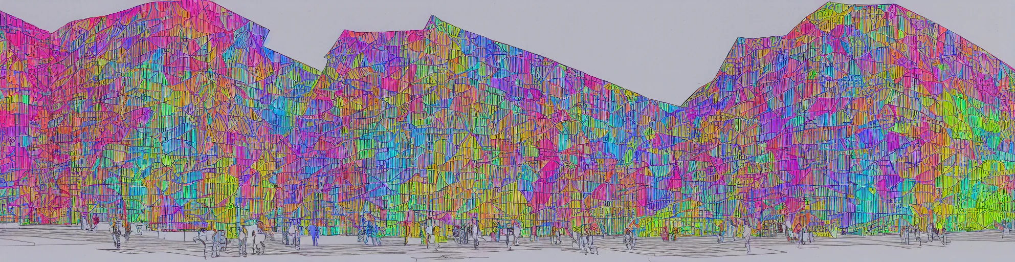 Prompt: Colorful architectural drawing of Palast der Republik - H 1000